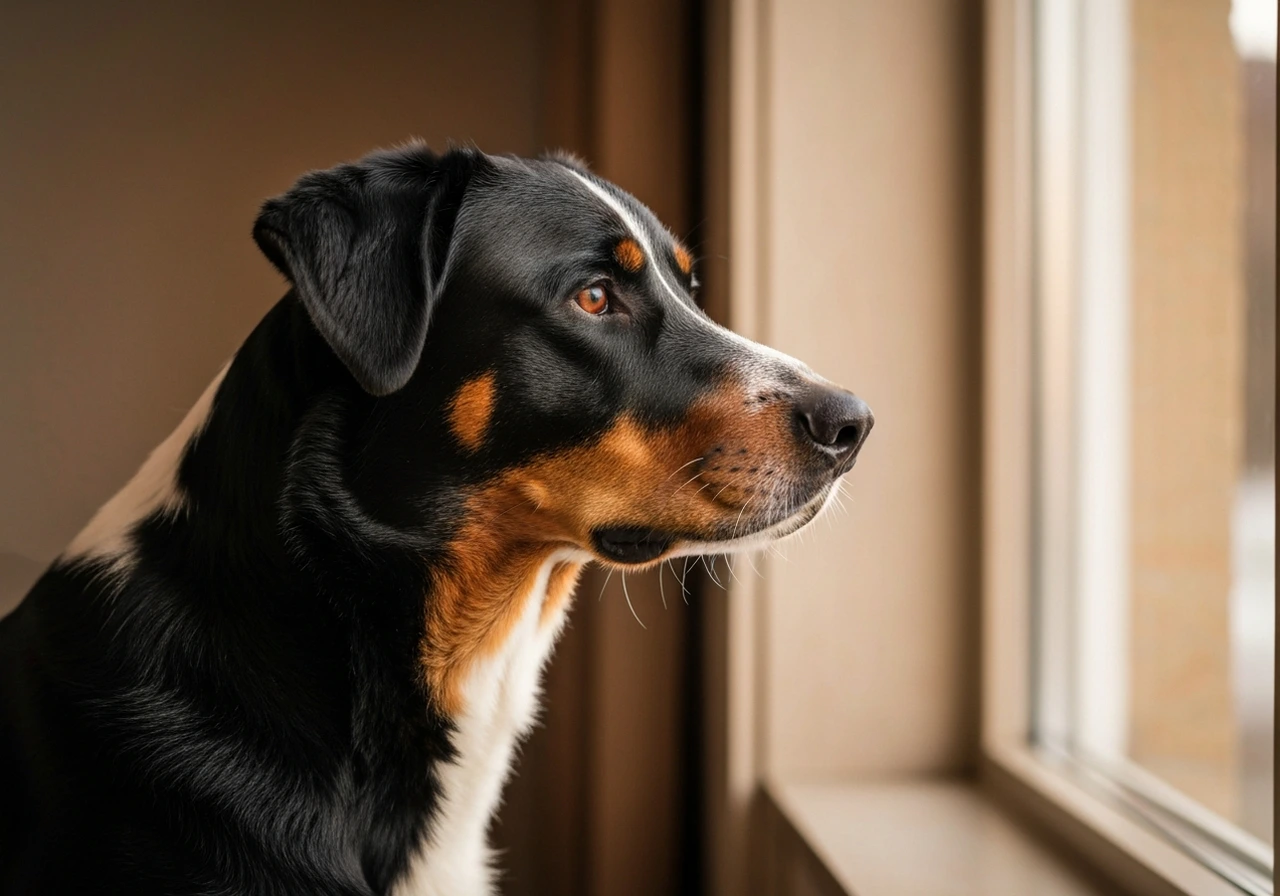 Beauceron resting indoors