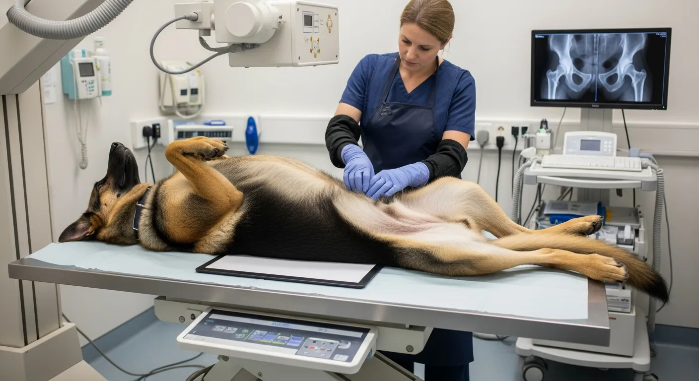 Veterinary hip examination and X-ray of a German Shepherd