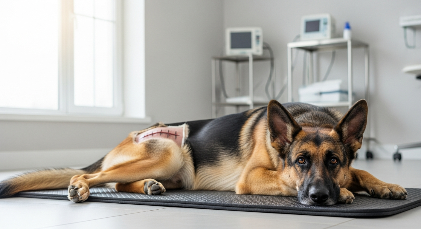 German Shepherd receiving regenerative cell therapy at a veterinary clinic